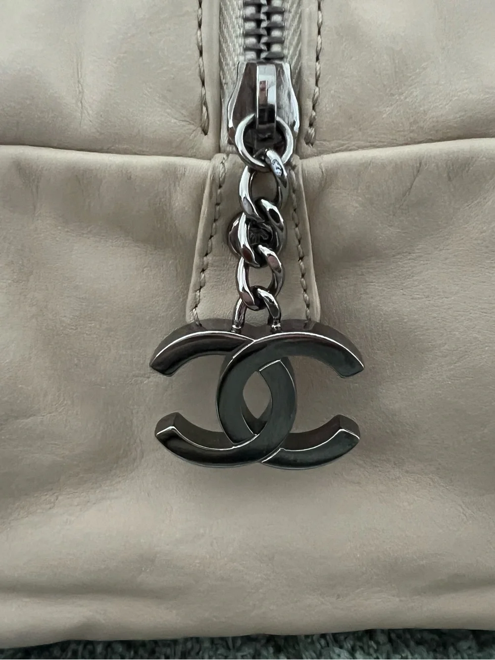 CHANEL Beige Leather Chain-Trim Satchel Bag